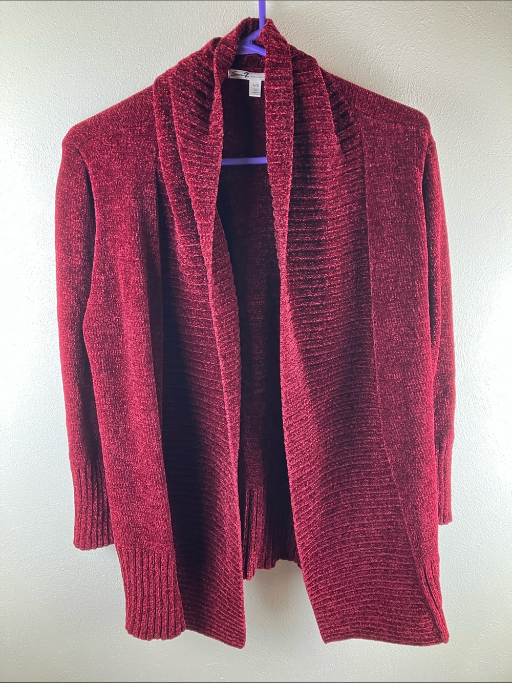 Seven7 Burgundy Chenille Open Front Cardigan Sweater Sz Large Soft Knit Deep Red